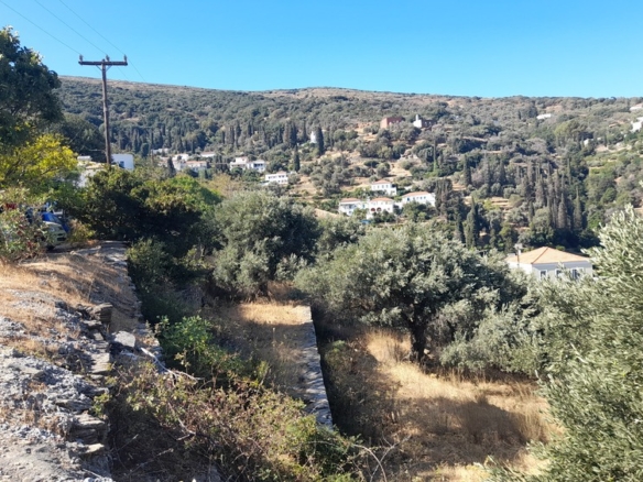 Χώρα Άνδρου-Μένητες. Οικόπεδο οικοδομήσιμο εμβαδού 1531,16 m2 με ωραία θέα θάλασσα και 18 ελαιόδενδρα.